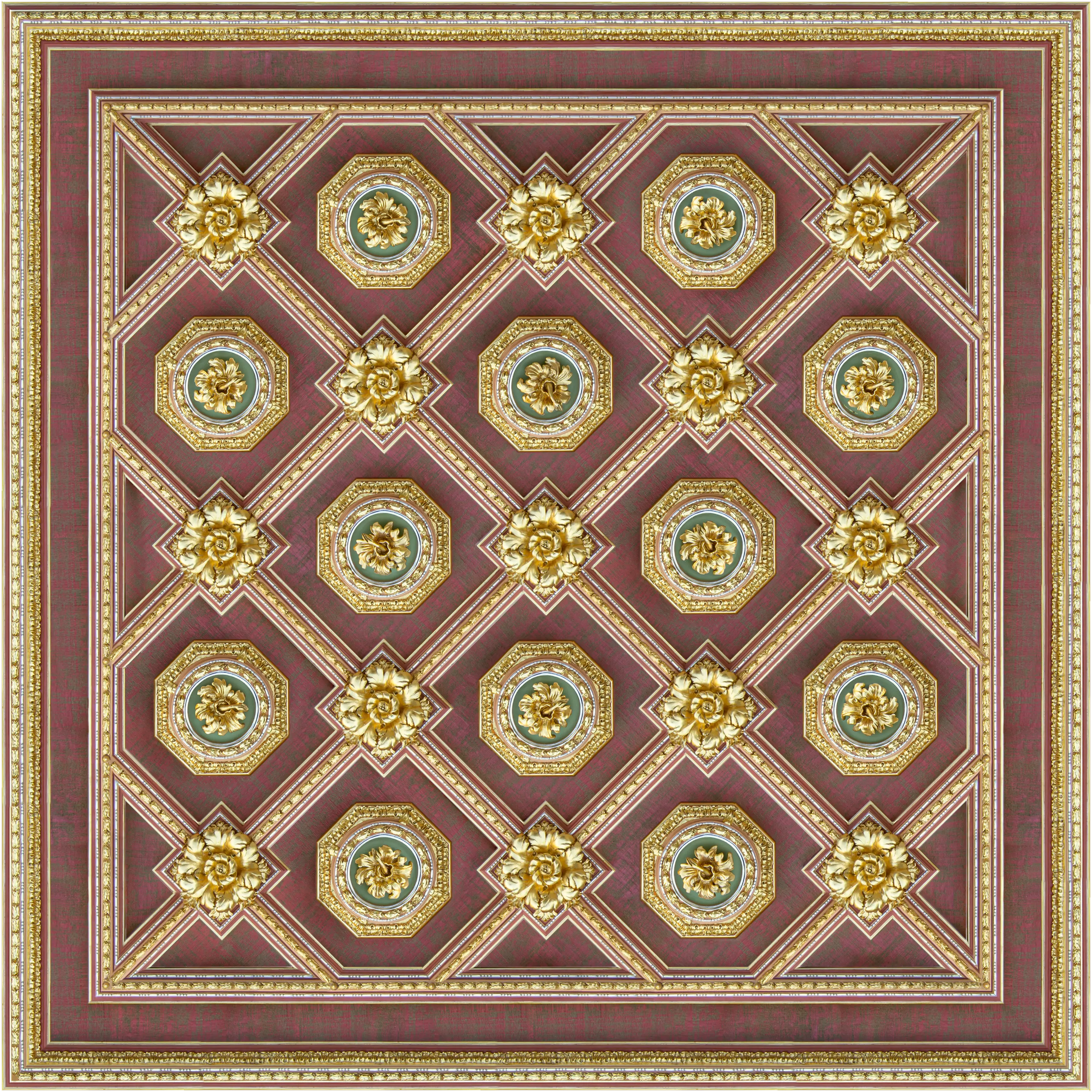 Soffitto Cignus - Vista completa del soffitto artistico decorato con doratura a missione