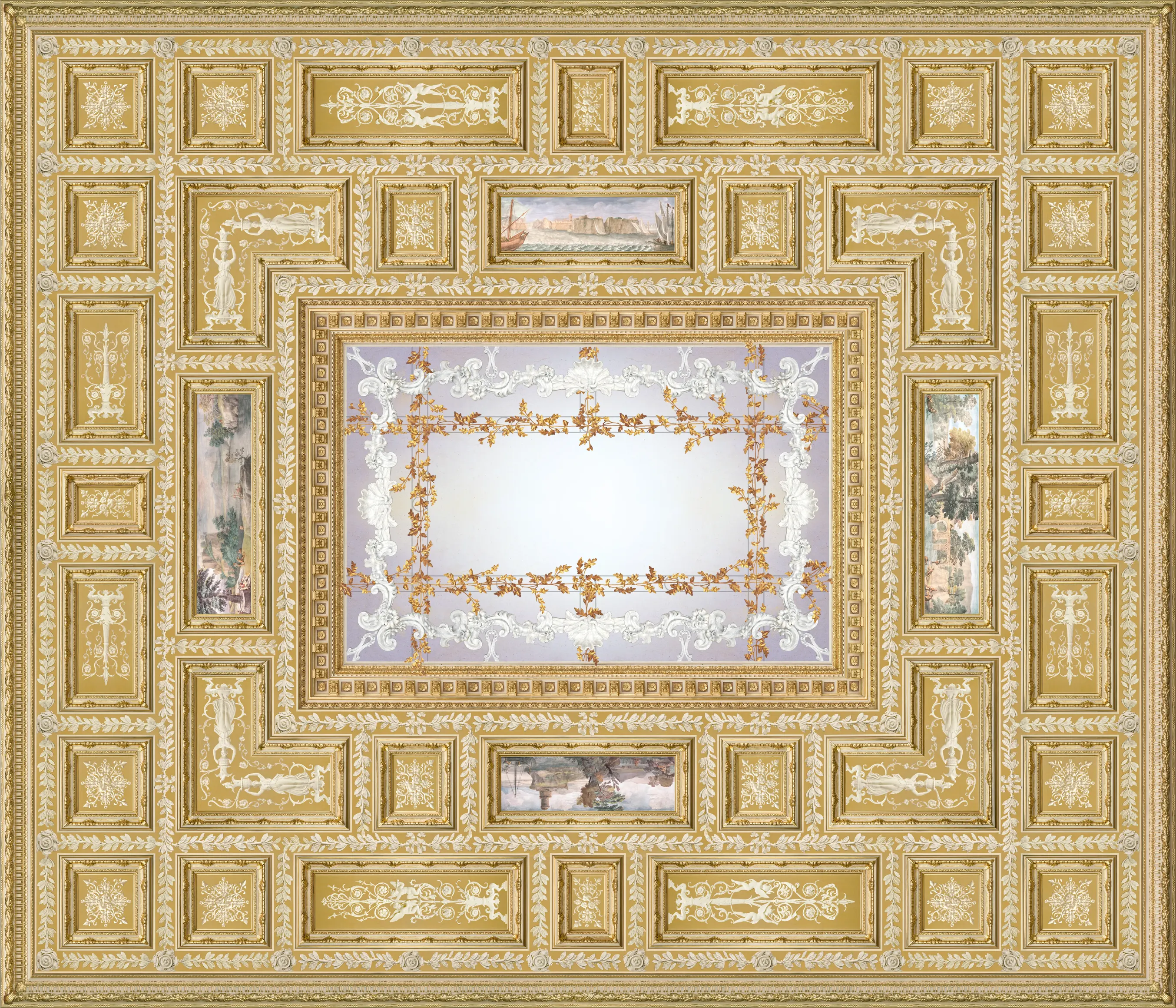 Soffitto Gemini - Vista completa del soffitto artistico decorato con doratura a missione